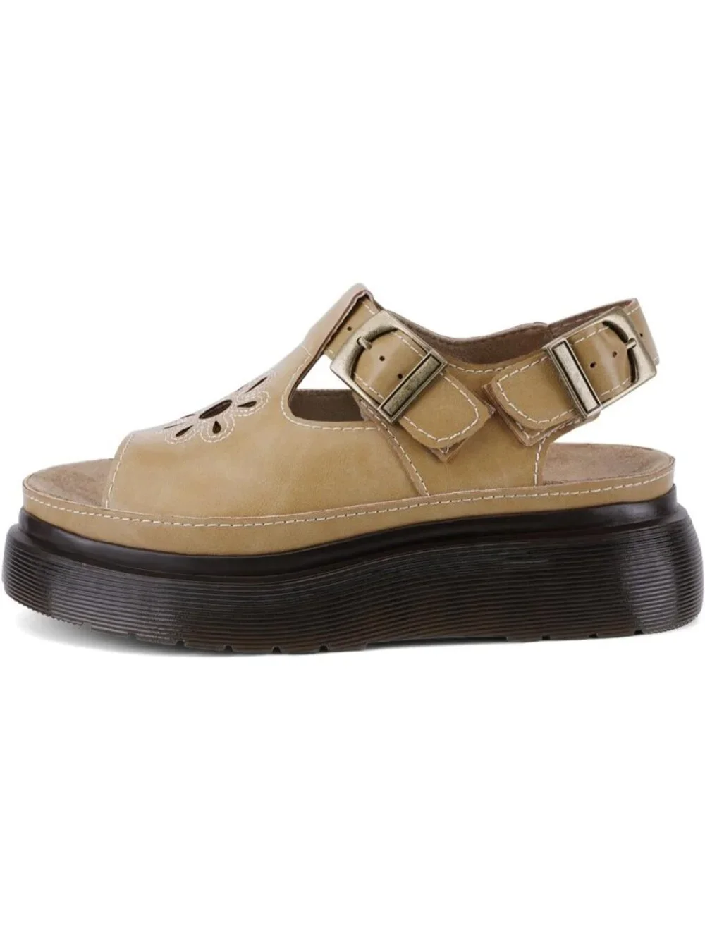 Women's Khaki Flat Open Toe Flower Decoration Fisherman Platform Sandal Shoes